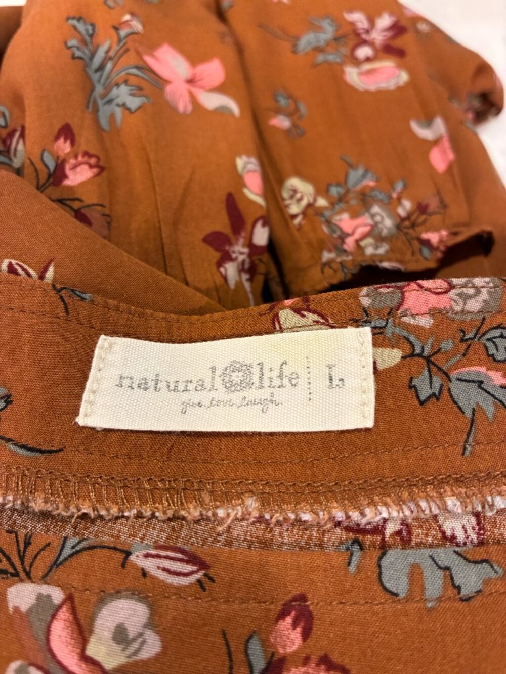 NATURAL LIFE Short Sleeve Tiered Maxi Dress Floral Brown/Pink/Burgundy Women L - Picture 3 of 7
